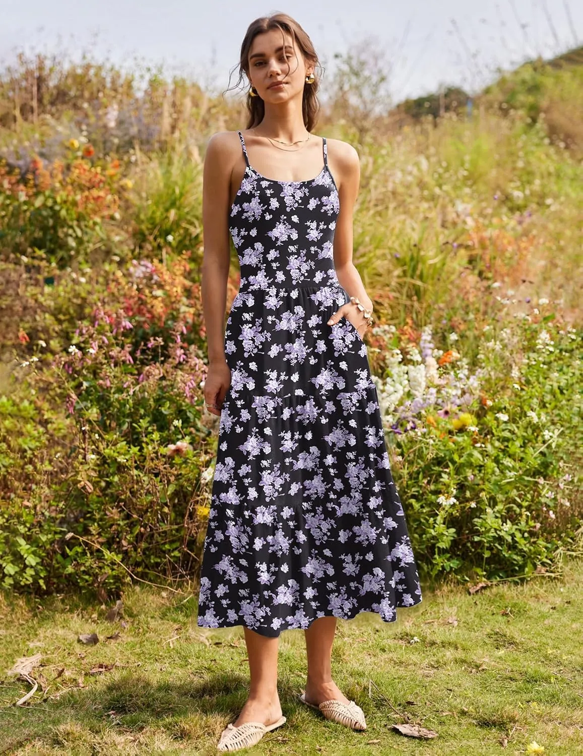 Zeagoo Womens Summer Long Dress Adjustable Spaghetti Strap Floral Casual Dress with Pockets Flowy Tiered Beach Sundress