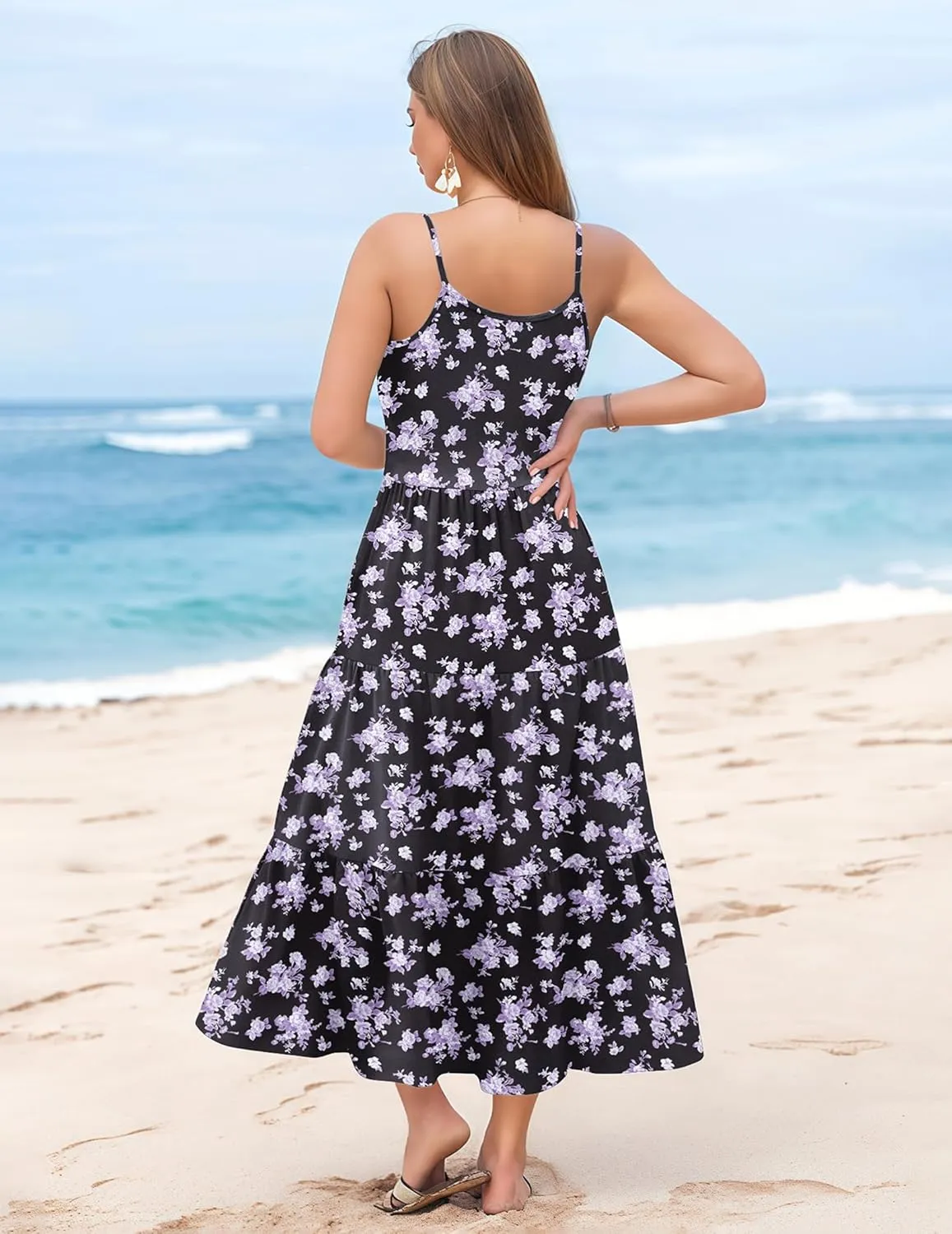 Zeagoo Womens Summer Long Dress Adjustable Spaghetti Strap Floral Casual Dress with Pockets Flowy Tiered Beach Sundress