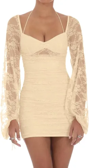 Zebaexf Women's Lace Mini Dress Mesh Dress Long Puff Sleeve Mini Bodycon Party Clubwear for Women