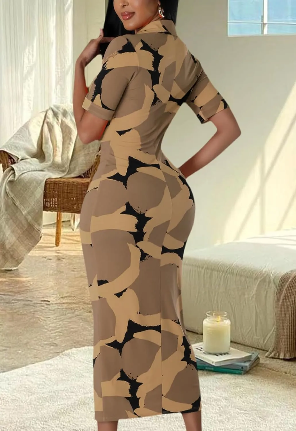 ZERMOM Women's Button Down Shirt Dress Short Sleeve Print Collar V Neck Summer Bodycon Midi Dresses