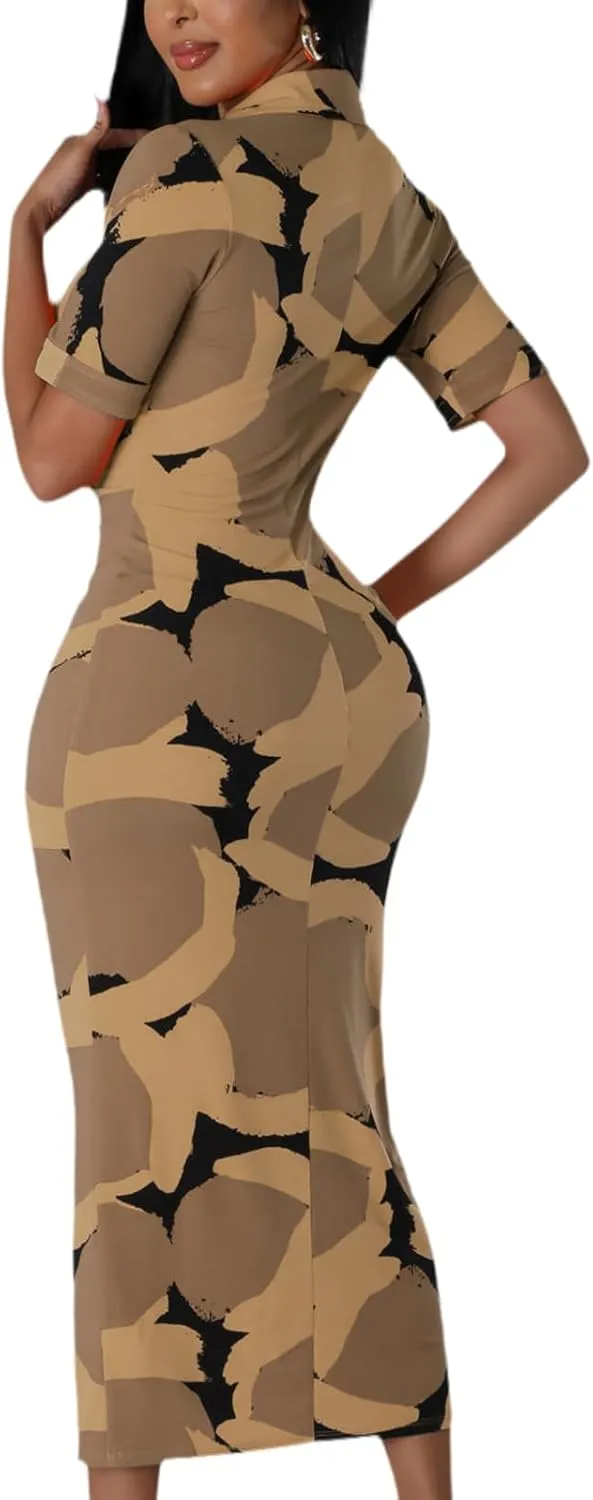 ZERMOM Women's Button Down Shirt Dress Short Sleeve Print Collar V Neck Summer Bodycon Midi Dresses