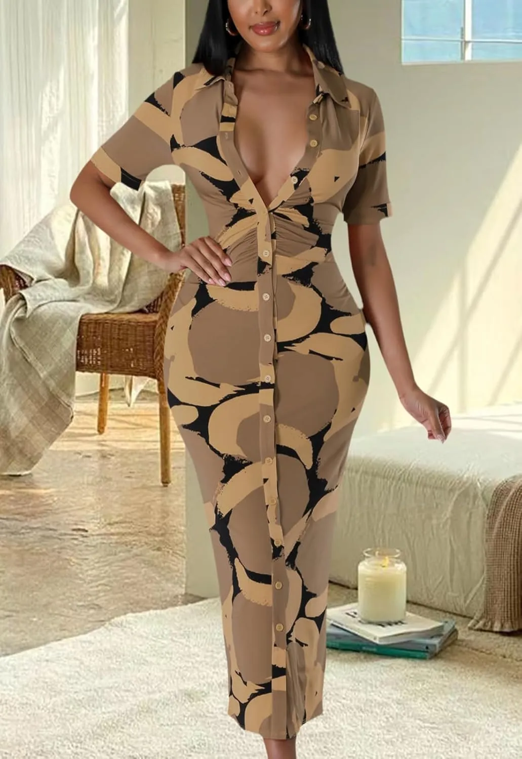 ZERMOM Women's Button Down Shirt Dress Short Sleeve Print Collar V Neck Summer Bodycon Midi Dresses