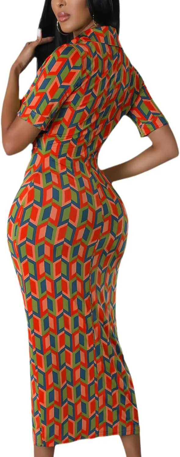 ZERMOM Women's Button Down Shirt Dress Short Sleeve Print Collar V Neck Summer Bodycon Midi Dresses