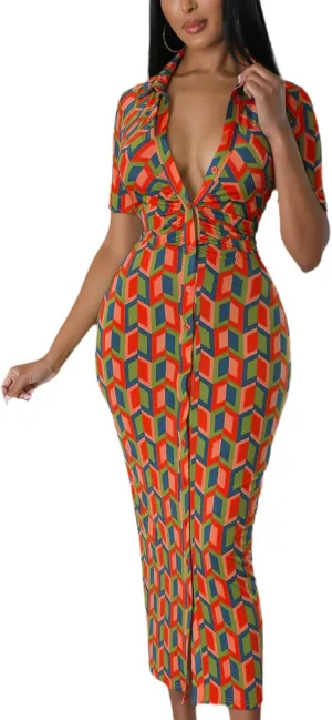 ZERMOM Women's Button Down Shirt Dress Short Sleeve Print Collar V Neck Summer Bodycon Midi Dresses