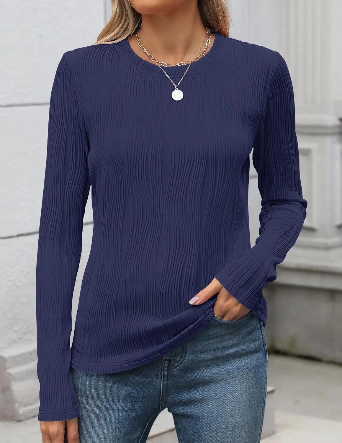 ZESICA Long Sleeve Shirts for Women Tops Fall Fashion Trendy Slim fit Textured Tshirts