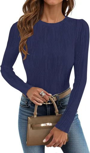 ZESICA Long Sleeve Shirts for Women Tops Fall Fashion Trendy Slim fit Textured Tshirts