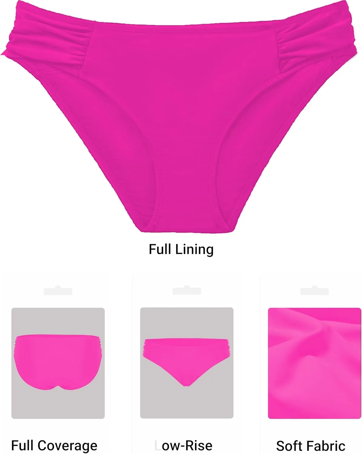 Zmart Women Low Rise Bikini Bottoms - Full Coverage Ruched Bathing Suit Swim Bottom Swimsuits Swimwear
