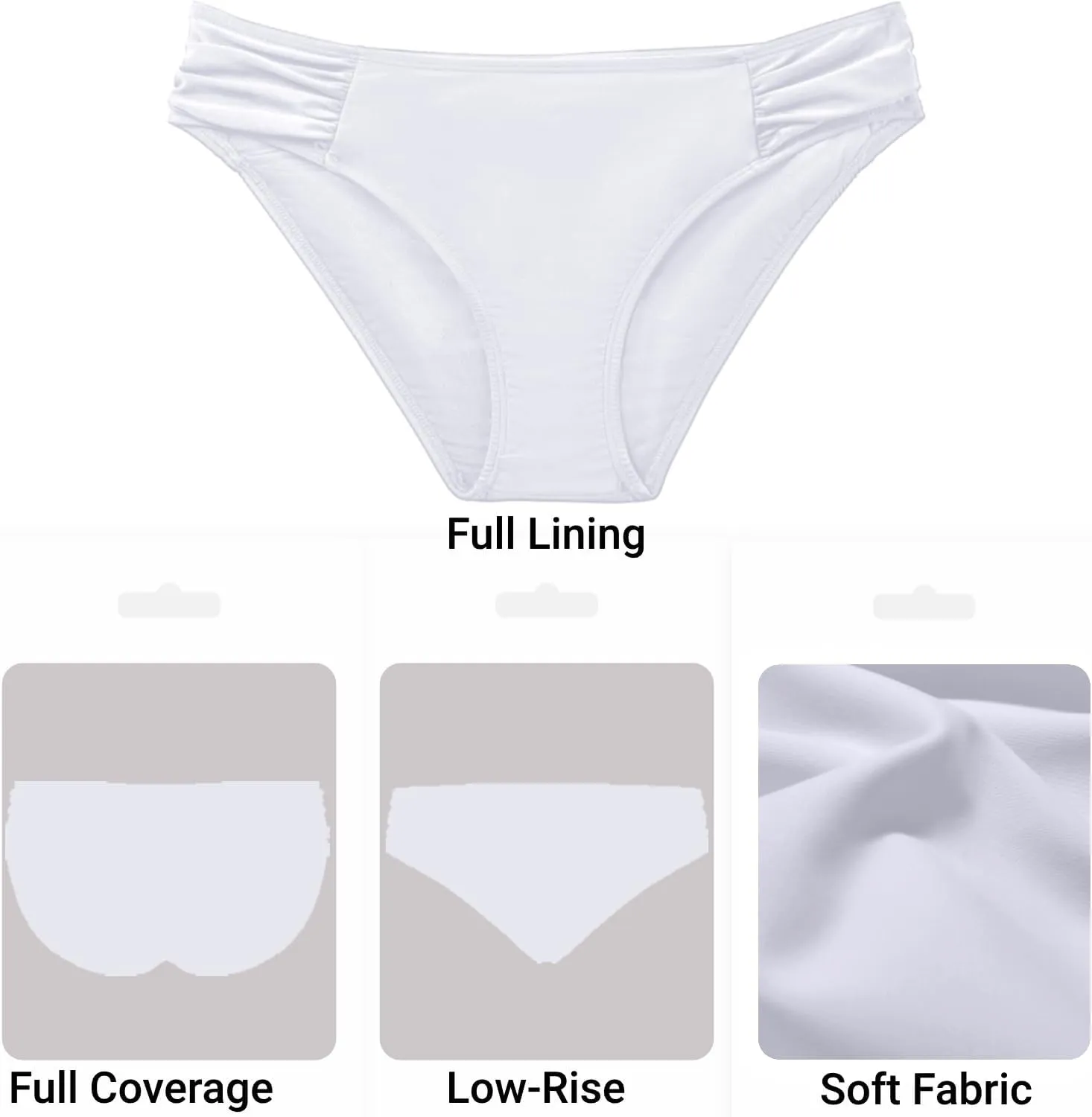 Zmart Women Low Rise Bikini Bottoms - Full Coverage Ruched Bathing Suit Swim Bottom Swimsuits Swimwear